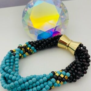 Elegant Beaded 7 Strand Bracelet in Blue Turquoise and Garnet